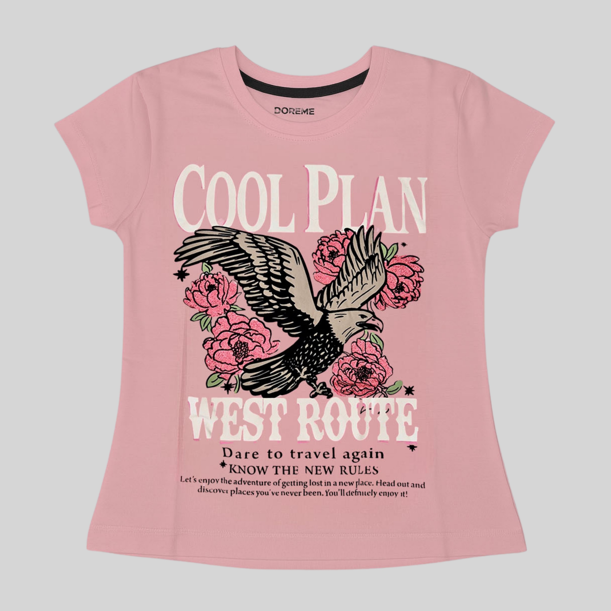 Girls Pink “Cool Plan West Route” Eagle Graphic Cotton T-Shirt