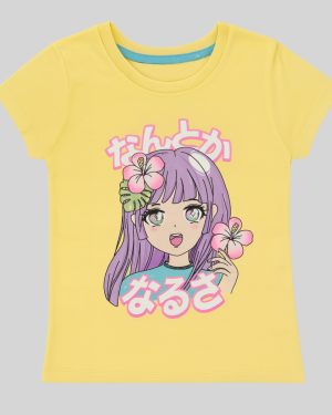 Girls Yellow Anime Girl Graphic Cotton T-Shirt