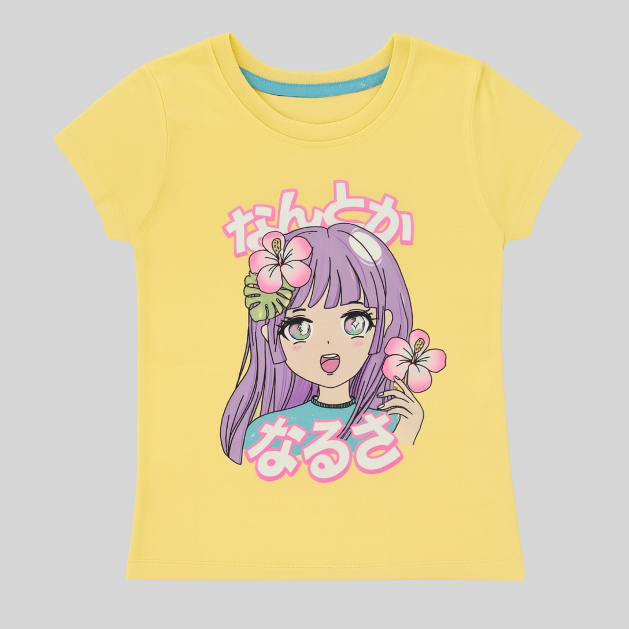 Girls Yellow Anime Girl Graphic Cotton T-Shirt
