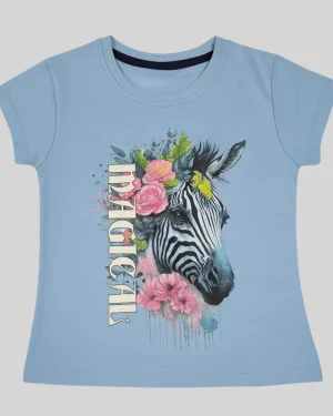 Girls Blue Magical Zebra Print Cotton T-Shirt
