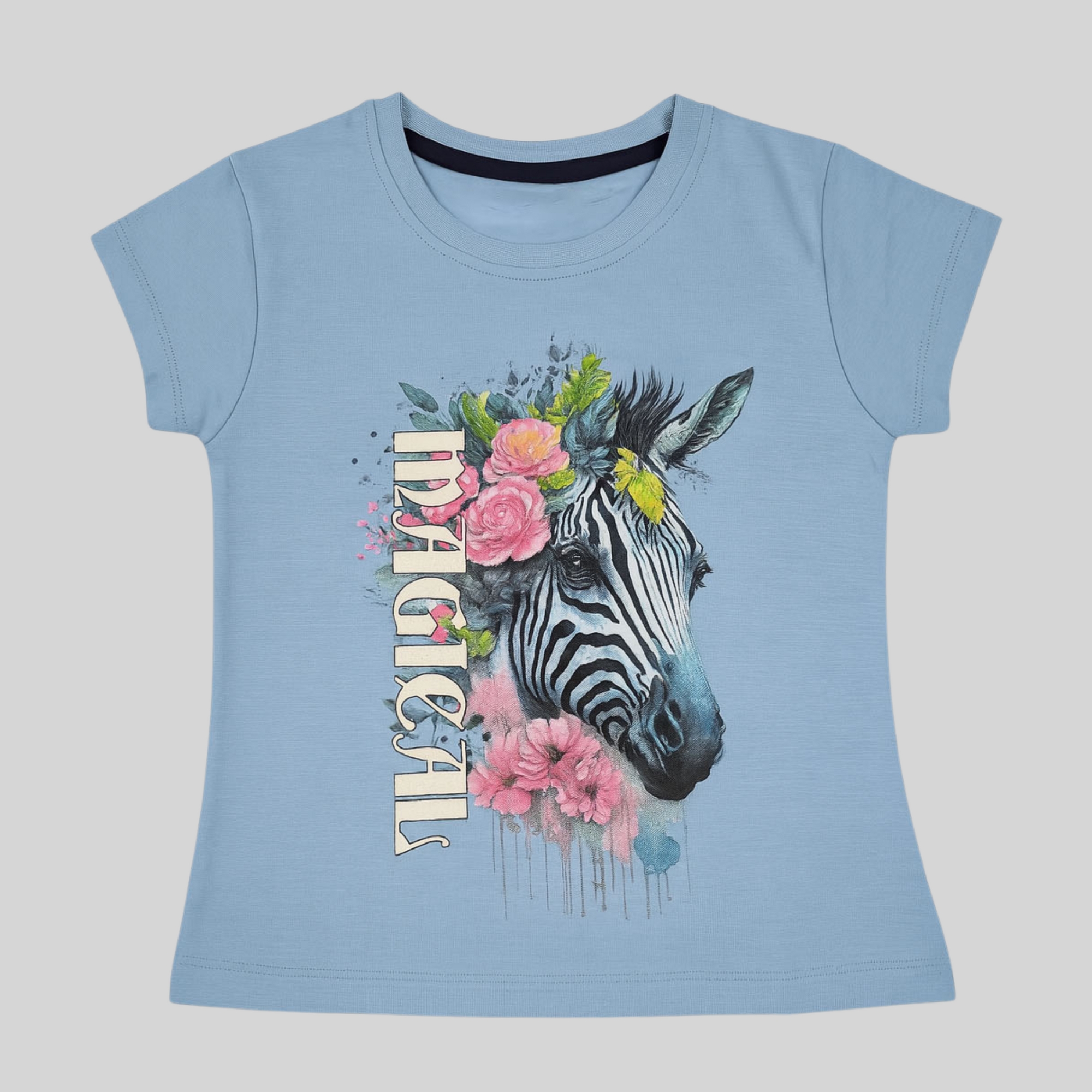 Girls Blue Magical Zebra Print Cotton T-Shirt