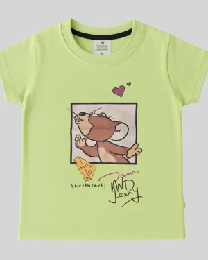 Light Green Tom & Jerry Printed Cotton T-Shirt for Girls