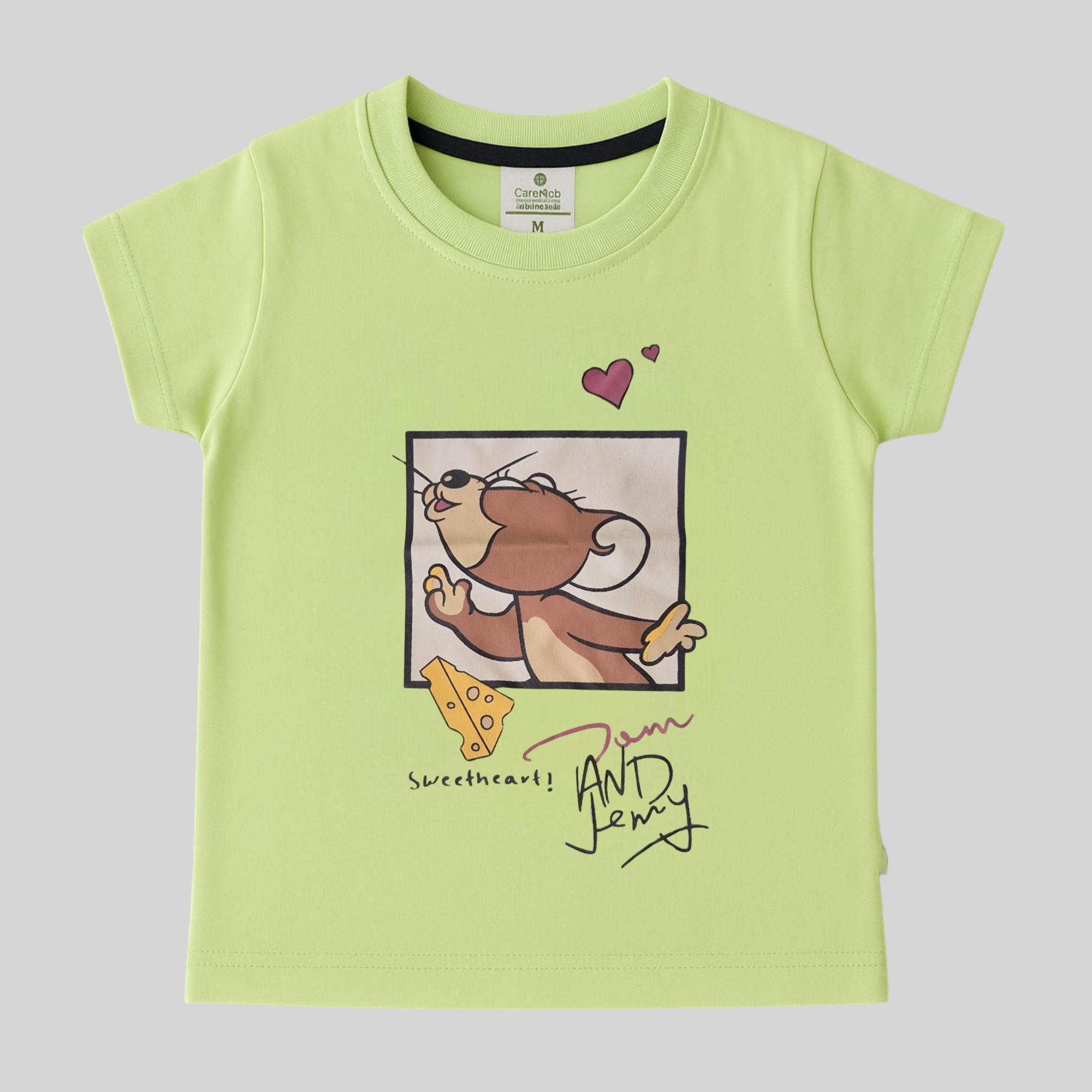 Light Green Tom & Jerry Printed Cotton T-Shirt for Girls