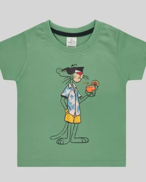 Green "Vacation Panther" Printed Cotton T-Shirt for Boys