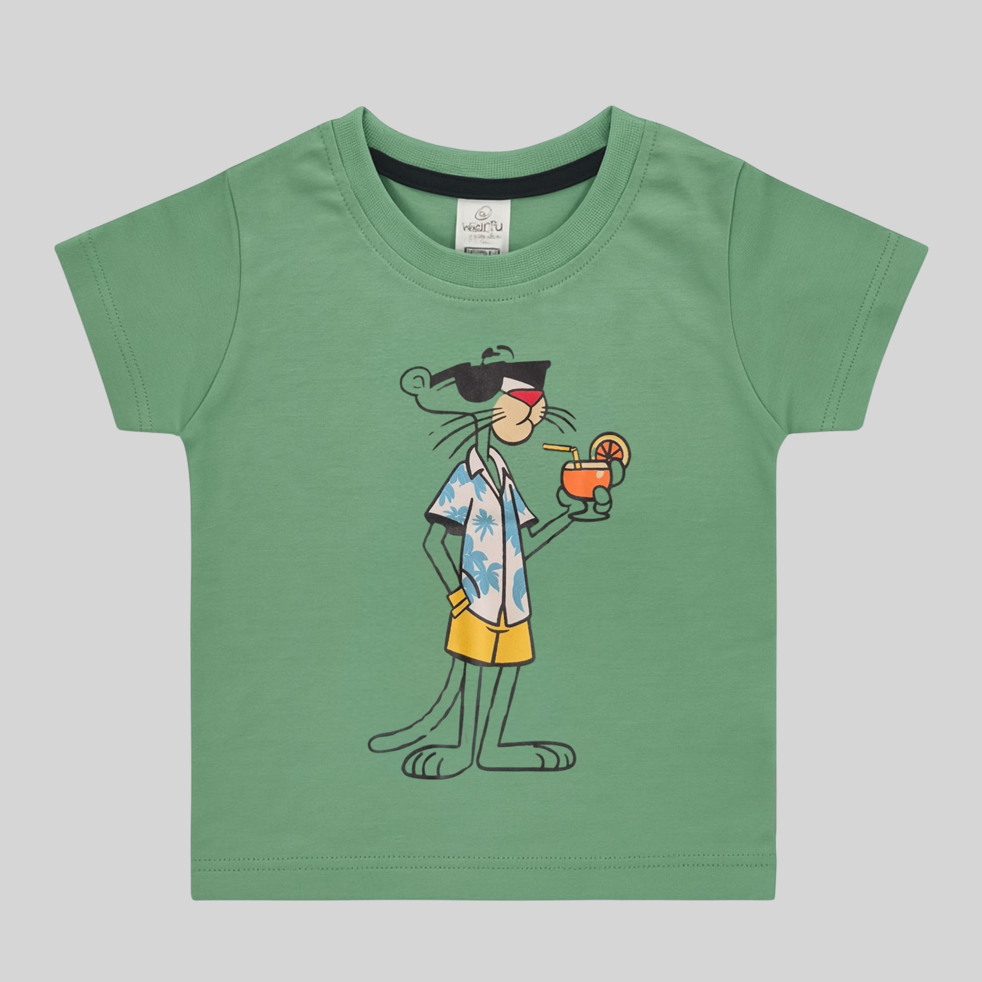 Green "Vacation Panther" Printed Cotton T-Shirt for Boys