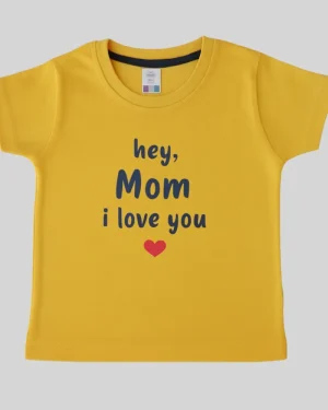 Yellow "Hey Mom I Love You" Printed Cotton T-Shirt for Girls