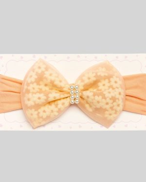 Floral Pearl Bow Hairband – Peach